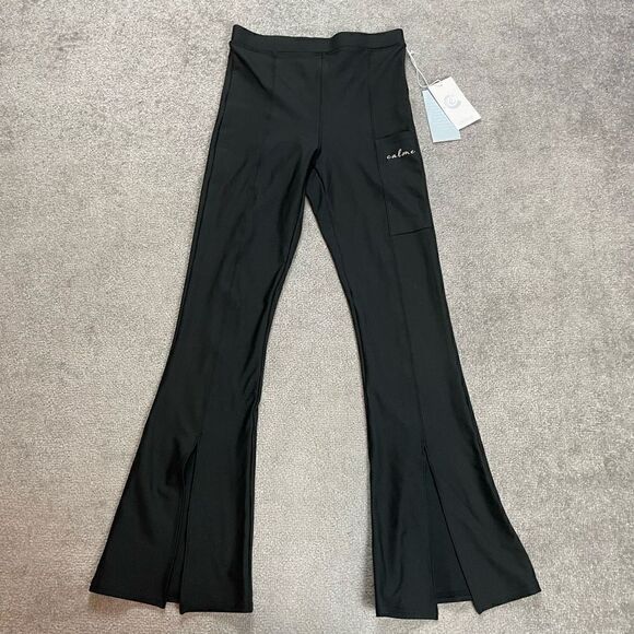 Johnny Was Calme Pants Women Small Split Leg Flare Legging Yoga Gym Black NEW - Picture 1 of 7